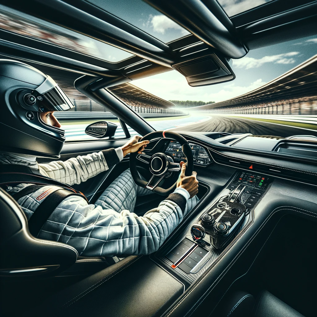 DALL·E 2023 11 19 11.09.33 A fotorrealistic image of a person experiencing the thrill of driving a high performance sports car. The scene is set on a professional racing circuit