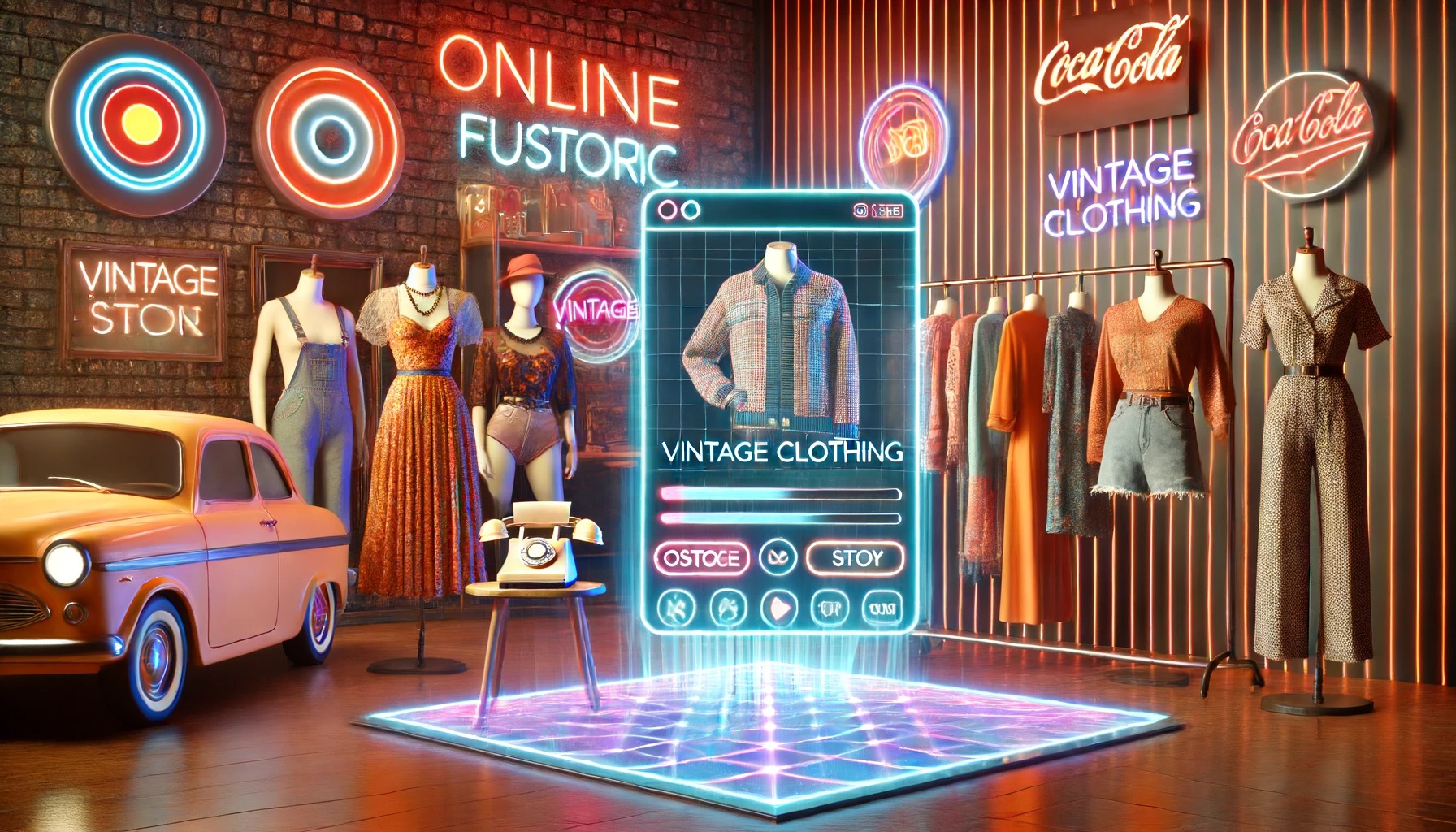 una tienda de ropa vintage online con un toque retro futurista