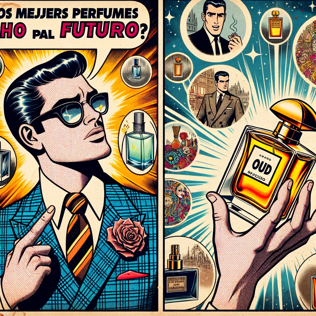 DALL·E 2023 10 30 12.01.41 Illustration of a vintage comic strip in a futurist style that focuses on Los Mejores Perfumes de Nicho para Hombre for the upcoming winter season.