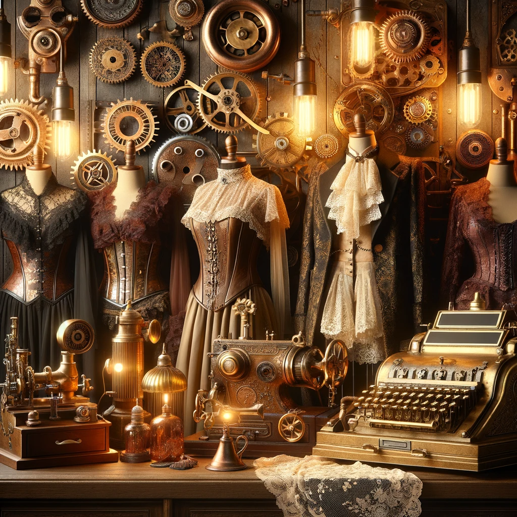 DALL·E 2023 11 03 12.17.08 Photo of a steampunk inspired online vintage store display. The scene includes brass and copper gears and pipes adorning the walls retro futuristic g