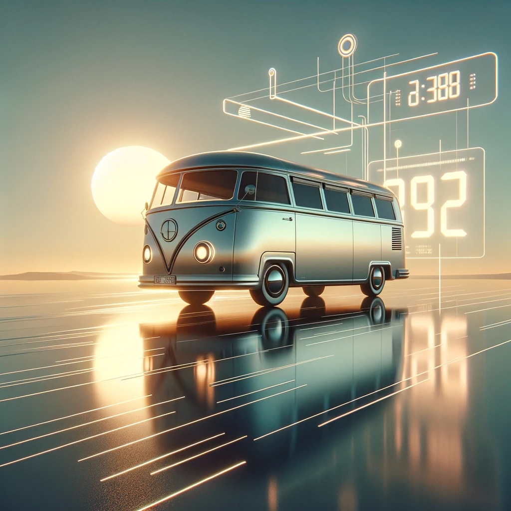 DALL·E 2023 11 07 11.30.04 Create a minimalist and 3D retro futuristic image featuring a sleek streamlined camper bus with a glossy finish reflecting a sunset. The bus should b